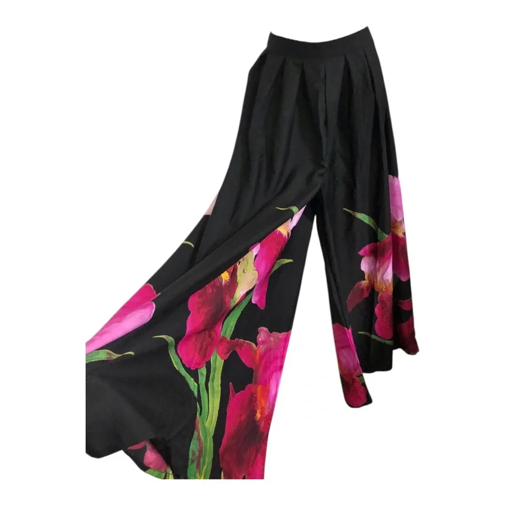 Black pink hibiscus floral tropical print hem wide leg flowy pants size XL new - Picture 7 of 17
